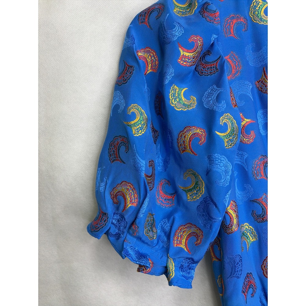 Saloni Vida Silk Satin Floral Jacquard Midi Dress Puff Sleeve‎ Cobalt Blue - Picture 8 of 9
